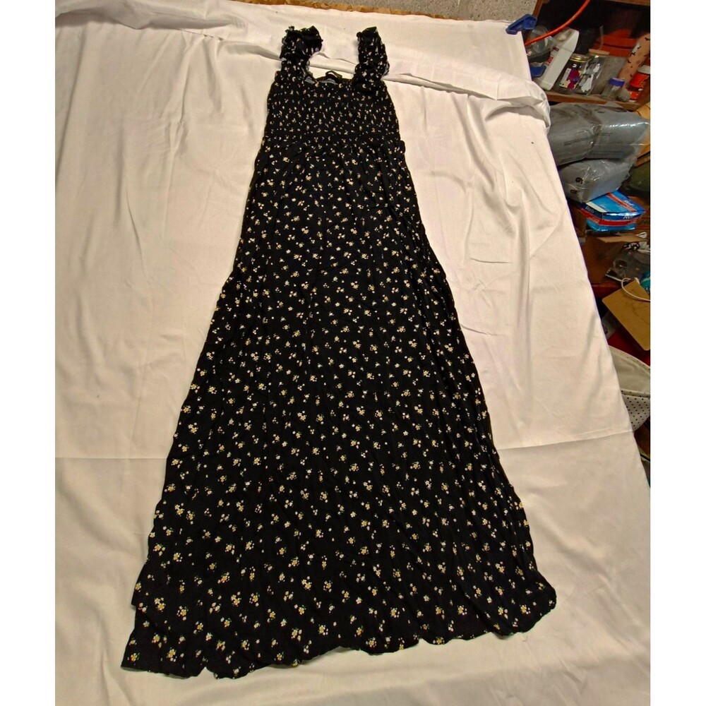 Hesperus Women's Black Floral Smocked Ruffle Sleeveless Maxi Dress Size L